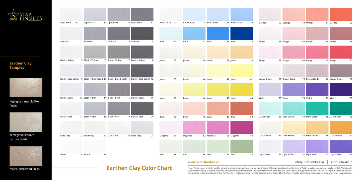 Decorative Venetian Plaster and Microcement Color Chart - 5 Star Finishes Ltd