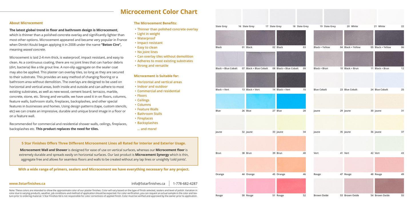 Decorative Venetian Plaster and Microcement Color Chart - 5 Star Finishes Ltd